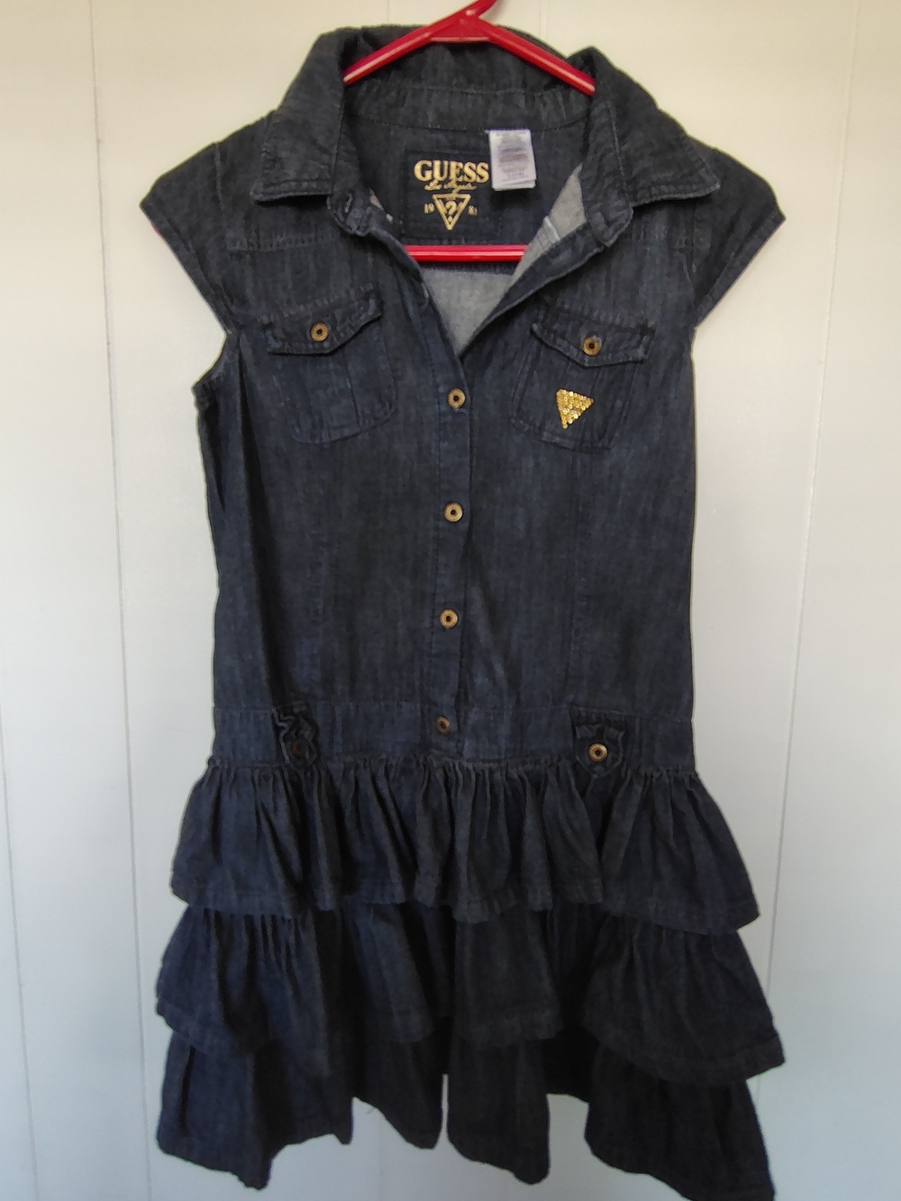GUESS Girls Navy Denim Tiered Ruffle Dress Size L (14).